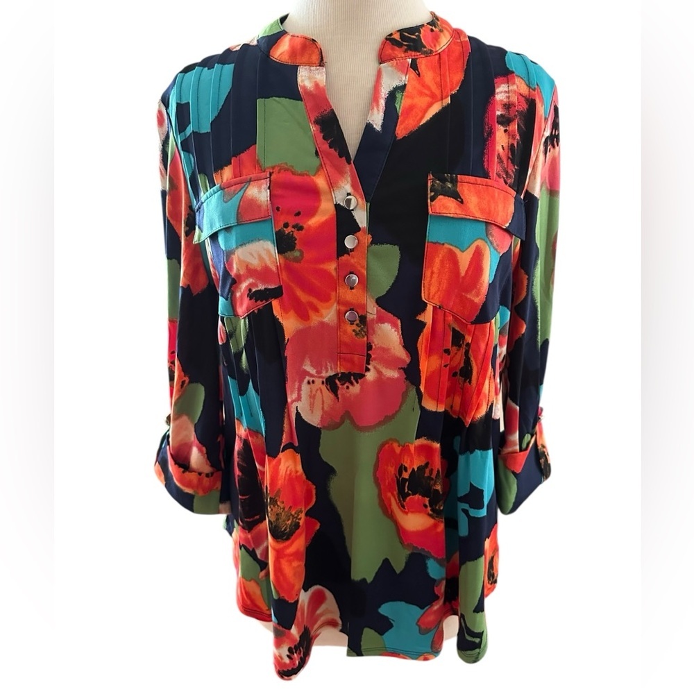 COCOMO XL Blue Red Green Floral 3/4 sleeve women’s Pintuck Blouse …